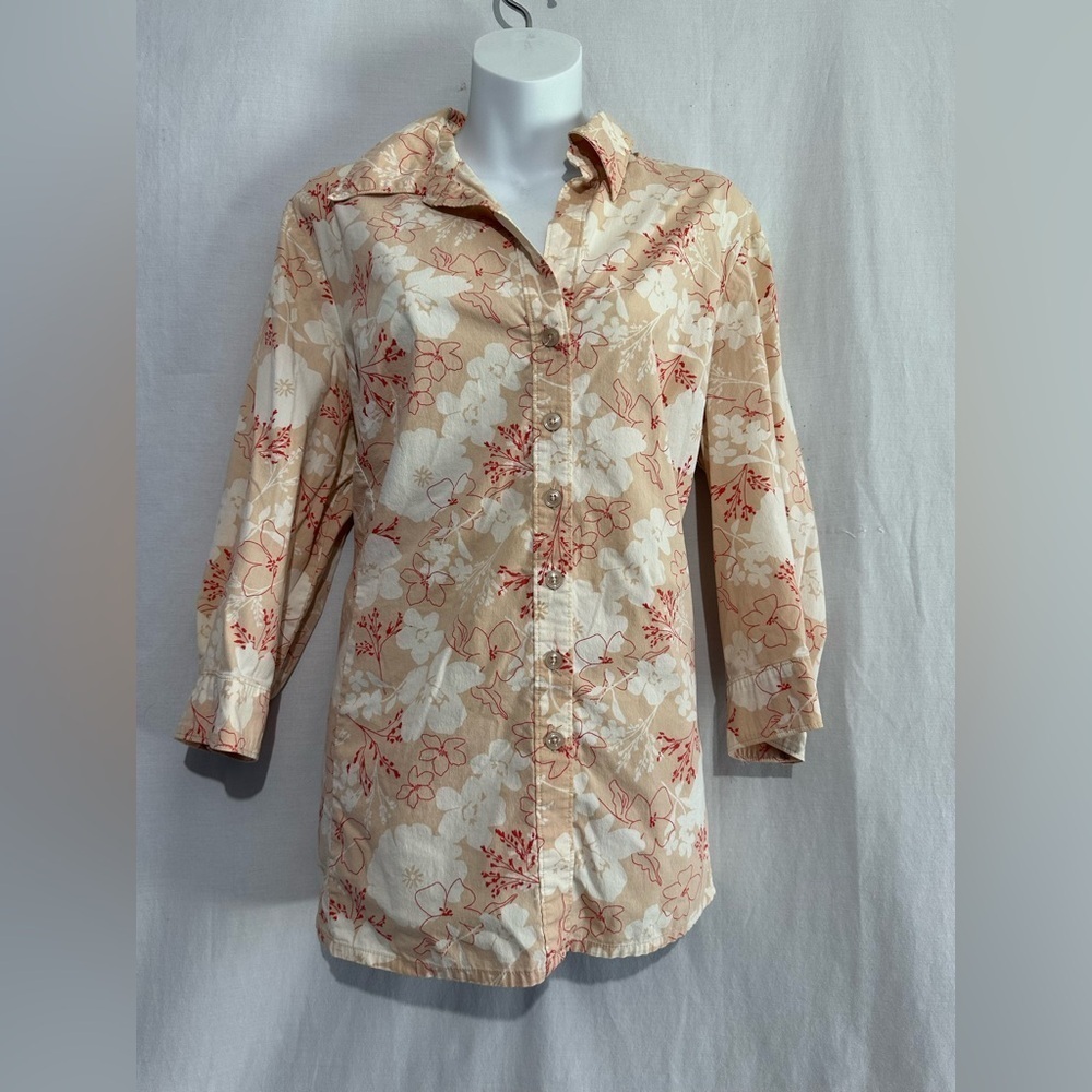 Apostrophe Women's Floral Button-Up Tunic Shirt — Beige & Peach